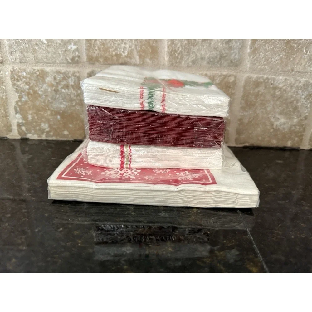 Vintage Christmas Paper Napkins Lot NOS Sealed Santa Poinsettia‎ Hallmark